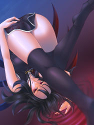 Rule 34 | 1girl, ass, asymmetrical wings, bad id, bad pixiv id, bare shoulders, black hair, black thighhighs, china dress, chinese clothes, dress, female focus, houjuu nue, long hair, mochi.f, red eyes, smile, solo, thighhighs, touhou, upside-down, wings