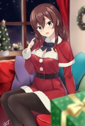 Rule 34 | 1girl, black bow, black pantyhose, blush, bow, box, braid, breasts, brown hair, capelet, christmas, christmas wreath, cleavage, couch, dress, fur trim, gift, gift box, hair between eyes, highres, indoors, kantai collection, kotou yogen, long hair, long sleeves, looking at viewer, medium breasts, night, noshiro (kancolle), open mouth, pantyhose, red capelet, red dress, santa costume, sidelocks, sitting, solo, star (sky), star (symbol), twin braids, window, wreath