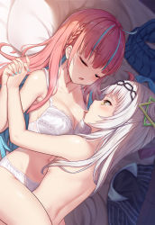 Rule 34 | 2girls, blue hair, blue nails, blue skirt, blunt bangs, blush, bra, braid, breasts, closed eyes, clothed female nude female, collarbone, commentary request, fingernails, hairband, highres, holding hands, hololive, interlocked fingers, licking, long hair, looking at another, medium breasts, milkshakework, minato aqua, multicolored hair, multiple girls, murasaki shion, nail polish, nude, panties, pillow, pink hair, pink nails, revision, saliva, skirt, sleeping, tongue, tongue out, two-tone hair, underwear, underwear only, unworn clothes, unworn skirt, virtual youtuber, white bra, white hair, white panties, yuri