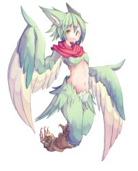 Rule 34 | 1girl, 4138, bad id, bad pixiv id, feathers, female focus, full body, harpy, highres, midriff, monster girl, navel, original, pointy ears, scarf, simple background, solo, white background, winged arms, wings, yellow eyes