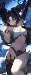 Rule 34 | 1girl, absurdres, arm up, armlet, armpits, bare shoulders, black hair, blush, breasts, earrings, fate/grand order, fate (series), hair ribbon, highres, hoop earrings, ishtar (fate), jewelry, long hair, looking at viewer, medium breasts, navel, neck ring, parted bangs, re0n, red eyes, ribbon, single thighhigh, smile, solo, stomach, thighhighs, tiara, twintails, two side up