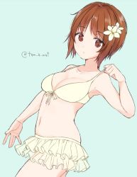 Rule 34 | 10s, 1girl, adjusting clothes, adjusting swimsuit, armpits, bikini, bikini skirt, blue background, breasts, brown eyes, brown hair, cleavage, closed mouth, collarbone, commentary, cowboy shot, dutch angle, flower, frilled skirt, frills, from side, girls und panzer, hair flower, hair ornament, layered skirt, light frown, looking at viewer, medium breasts, navel, nishizumi miho, one-hour drawing challenge, short hair, simple background, skirt, solo, standing, swimsuit, tam a mat, twitter username, white bikini