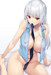 Rule 34 | 1girl, bare shoulders, between breasts, blue necktie, blush, bottomless, breasts, closed mouth, collarbone, large breasts, long hair, looking at viewer, mouth hold, navel, necktie, open clothes, open shirt, original, red eyes, silver hair, simple background, sleeveless, solo, thighs, tomohiro kai, white background
