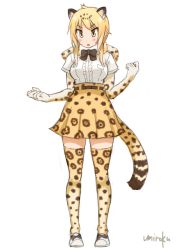 Rule 34 | 10s, 1girl, animal ears, artist name, black bow, black bowtie, blonde hair, blush, bow, bowtie, cosplay, elbow gloves, footwear bow, full body, fur collar, gloves, hair over shoulder, high-waist skirt, ichii yui, jaguar (kemono friends), jaguar (kemono friends) (cosplay), jaguar ears, jaguar print, jaguar tail, kemono friends, looking down, low twintails, orange skirt, orange thighhighs, parted lips, pleated skirt, shirt, shoes, short sleeves, signature, simple background, skirt, solo, standing, tail, thighhighs, tsuda minami, twintails, umiroku, voice actor connection, white background, white footwear, white shirt, yellow eyes, yuyushiki, zettai ryouiki