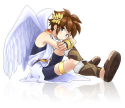 Rule 34 | 1boy, angel wings, bad id, bad pixiv id, bangle, bike shorts, black bike shorts, black shirt, black shorts, blue eyes, blush, boots, bracelet, brown footwear, brown hair, from side, full body, hair ornament, hugging own legs, inuzumi, jewelry, kid icarus, knee boots, laurels, leaf hair ornament, looking at viewer, looking to the side, male focus, nintendo, pit (kid icarus), reflection, sandals, shirt, shorts, simple background, sitting, sleeveless, sleeveless shirt, solo, tagme, thigh bands, toes, toga, white background, wings, wreath
