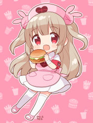 Rule 34 | &gt; &lt;, 1girl, :d, apron, armband, bandaged wrist, bandages, blush, burger, chibi, collared dress, commentary request, dress, fang, food, fujisawa kamiya, full body, hair ornament, hat, heart, heart print, highres, holding, holding food, light brown hair, long hair, looking at viewer, natori sana, nurse cap, open mouth, outline, pink apron, pink background, pink footwear, pink hat, pocket, puffy short sleeves, puffy sleeves, rabbit hair ornament, red armband, red eyes, sana channel, short sleeves, slippers, smile, solo, standing, thighhighs, two side up, virtual youtuber, white dress, white outline, white thighhighs