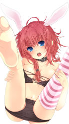 Rule 34 | 1girl, animal ears, asymmetrical clothes, bad id, bad pixiv id, barefoot, blue eyes, bra, breasts, collar, feet, foot focus, hase neet, legs up, lingerie, messy hair, navel, original, panties, panty pull, rabbit ears, red hair, single thighhigh, small breasts, soles, solo, striped clothes, striped thighhighs, thighhighs, toes, underwear, underwear only