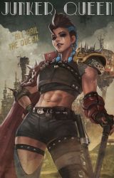 Rule 34 | 1girl, abs, absurdres, armor, belt, biceps, black nails, blue hair, braid, brown eyes, brown hair, bullet, cape, chain, character name, cityscape, contrapposto, cowboy shot, english text, facepaint, fingerless gloves, gloves, gun, highres, holding, holster, junker queen (overwatch), light smile, lip piercing, looking at viewer, makeup, medium hair, mohawk, mole, mole on stomach, monori rogue, multicolored hair, multiple piercings, muscular, muscular female, nail polish, navel, obliques, overwatch, overwatch 2, piercing, shoulder armor, solo, spikes, studded armlet, studded harness, studded thigh strap, thigh holster, thigh strap, thighhighs, torn clothes, twin braids, two-tone hair, utility belt, weapon