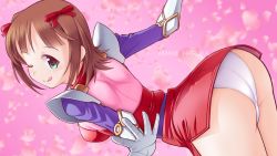 Rule 34 | 1girl, ;q, amami haruka, armor, ass, belt, blush, bow, brown eyes, brown hair, character name, commentary request, cosplay, crossover, dress, elbow gloves, gloves, green eyes, hair bow, hair ribbon, highres, idolmaster, idolmaster (classic), kanda momo, kanda momo (cosplay), looking at viewer, looking back, obara gaun, one eye closed, panties, pantyshot, pauldrons, pink background, purple sleeves, red bow, red dress, red ribbon, ribbon, short dress, short hair, shoulder armor, smile, solo, standing, tongue, tongue out, underwear, white gloves, white panties, wonder momo