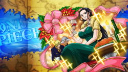 Rule 34 | 1boy, 1girl, alcohol, black hair, blonde hair, blue eyes, bottle, breasts, candle, christmas, cleavage, dress, flower, large breasts, long hair, looking at viewer, nico robin, one piece, sanji (one piece), wine