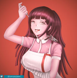 Rule 34 | 1girl, absurdres, bandaged arm, bandages, blunt bangs, breasts, brown hair, cum, danganronpa (series), female focus, highres, looking at viewer, signature, simple background, solo, suggestive, syringe, tongue, tongue out, tsumiki mikan, upper body