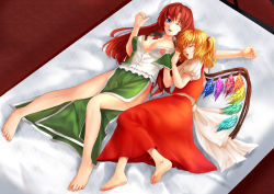 Rule 34 | 2girls, bare legs, barefoot, bed, blonde hair, blouse, blue eyes, bow, braid, breasts, chinese clothes, cleavage, closed eyes, feet, female focus, flandre scarlet, hair bow, highres, hong meiling, large bow, large breasts, long hair, long skirt, lying, multiple girls, no bra, no headwear, no headwear, on back, on side, one eye closed, open clothes, open shirt, red hair, ryuushou, shirt, short hair, side ponytail, side slit, skirt, sleeping, embodiment of scarlet devil, touhou, vest, wince, wings