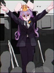 Rule 34 | 1girl, 3others, absurdres, black jacket, black necktie, black pants, carrot pin, commentary, crown, double v, english commentary, formal, headhonchkrow, highres, jacket, long hair, mini crown, multiple others, necktie, pants, parody, photo-referenced, pink hair, real life, red eyes, reisen udongein inaba, richard nixon, suit, suit jacket, touhou, v, very long hair, white background