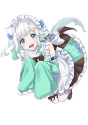 Rule 34 | 1girl, absurdres, apron, blue bow, blue eyes, blue ribbon, bow, brown ribbon, collar, detached collar, detached sleeves, dress, dress bow, fangs, floating, frilled apron, frilled collar, frilled dress, frilled sleeves, frills, g9 (jiiku), ghost, ghost girl, gradient hair, green hair, green sleeves, hair ornament, hair ribbon, highres, indie virtual youtuber, looking at viewer, maid, maid headdress, mint fantome, multicolored hair, neck ribbon, open mouth, ribbon, single thighhigh, sleeves past fingers, sleeves past wrists, smile, solo, thighhighs, triangular headpiece, two side up, virtual youtuber, white background, white hair, x hair ornament