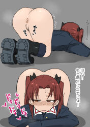 Rule 34 | 1girl, all fours, anus, ass, blush, bottomless, brown eyes, brown hair, cleft of venus, from behind, girls und panzer, highres, kadotani anzu, multiple views, ngc20701, ooarai military uniform, open mouth, pubic hair, pussy, solo, twintails