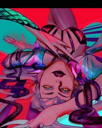 Rule 34 | 1girl, arm above head, arm at side, asymmetrical bangs, black choker, black lips, black thighhighs, blue eyeshadow, blue jacket, breasts, choker, claw (weapon), cone hair bun, cowboy shot, cropped jacket, demon, demon girl, evelynn (league of legends), eyeshadow, hair bun, highres, jacket, k/da all out evelynn, large breasts, league of legends, looking at viewer, lying, makeup, on back, open clothes, open jacket, parted lips, red background, revealing clothes, slit pupils, snake, solo, the baddest evelynn, thighhighs, upside-down, weapon, white hair, yellow eyes, z6ixen