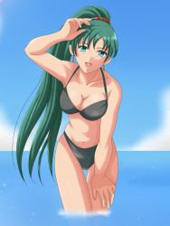 Rule 34 | 1girl, :d, alternate costume, arm up, armpits, bare arms, bare legs, bare shoulders, bikini, black bikini, blue sky, breasts, cleavage, cloud, collarbone, cowboy shot, day, earrings, female focus, fire emblem, fire emblem: the blazing blade, gluteal fold, green eyes, green hair, hair ornament, hand on leg, hand on own leg, happy, high ponytail, jewelry, leaning, leaning forward, legs, long hair, looking at viewer, lyn (fire emblem), medium breasts, navel, nintendo, ocean, open mouth, outdoors, ponytail, sentihistory, sky, smile, solo, standing, swimsuit, very long hair, wading, water