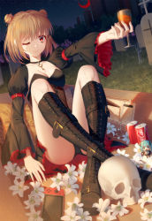 Rule 34 | 1girl, ;), black choker, black dress, black legwear, black panties, boots, breasts, can, choker, cleavage, closed mouth, coffin, coke, collarbone, commentary request, corset, crescent moon, cross-laced footwear, crossed legs, cup, cupping glass, detached sleeves, double bun, dress, drink, drink can, drinking glass, dutch angle, fingernails, flower, hair between eyes, hair bun, handheld game console, hatsune miku, highres, ji dao ji, juliet sleeves, key, knee boots, lace-up boots, light brown hair, lily (flower), long sleeves, medium breasts, moon, night, night sky, one eye closed, original, outdoors, outstretched arm, panties, puffy sleeves, red eyes, red moon, side bun, sitting, skeletal arm, skull, sky, smile, soda can, solo, star (sky), starry sky, tombstone, underwear, vocaloid, white flower, wide sleeves