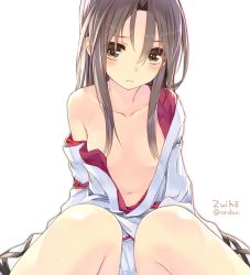 Rule 34 | 10s, 1girl, amagai tarou, bare shoulders, breasts, brown eyes, character name, clothes down, collarbone, flat chest, hair censor, japanese clothes, kantai collection, light brown hair, long hair, looking at viewer, navel, off shoulder, open clothes, open shirt, shirt, sitting, solo, sweatdrop, twitter username, white background, zuihou (kancolle)