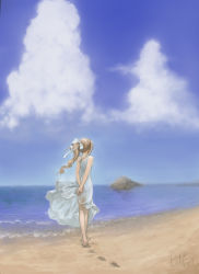 Rule 34 | 1girl, allison, arms behind back, bare shoulders, barefoot, beach, blonde hair, bow, cloud, commentary, day, dress, from behind, hair bow, holding hands, jayun, long hair, ocean, original, own hands together, ponytail, scenery, see-through, solo, walking, white dress, wind