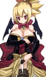 Rule 34 | 1girl, absurdres, bad id, bad pixiv id, bare shoulders, black panties, black thighhighs, blonde hair, blush, bow, bow panties, breasts, cleavage, closed mouth, clothes lift, cowboy shot, demon wings, detached sleeves, disgaea, dress, dress lift, furrowed brow, gluteal fold, hair between eyes, head tilt, highres, lace, lace-trimmed legwear, lace panties, lace trim, large breasts, lingerie, long sleeves, looking at viewer, makai senki disgaea 2, maou (maoudaisukiya), panties, pinky out, pointy ears, red bow, red eyes, rozalin, slit pupils, smile, solo, standing, thighhighs, underwear, white background, wings