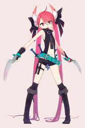 Rule 34 | 1girl, absurdly long hair, belt, black bow, black socks, boots, bow, claw (weapon), cross-laced footwear, dagger, eyebrows, full body, gauntlets, grey background, hair bow, high collar, highres, horns, iwato1712, knee boots, kneehighs, knife, lace-up boots, legs apart, long hair, looking at viewer, navel, necktie, o-ring, open mouth, original, pink background, pink hair, pointy ears, red eyes, sharp teeth, short shorts, shorts, simple background, sleeveless, socks, solo, spread legs, standing, teeth, thigh strap, twintails, very long hair, vest, weapon