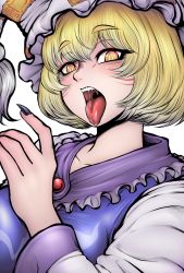 Rule 34 | 1girl, animal hat, hat, highres, looking at viewer, miazuma sarin, mob cap, open mouth, saliva, simple background, solo, tabard, tagme, tongue, tongue out, touhou, upper body, uvula, white background, white hat, yakumo ran