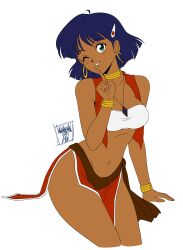 Rule 34 | 1girl, absurdres, aqua eyes, artist name, bare shoulders, blue hair, bracelet, breasts, collarbone, commentary, commission, danmakuman, dark-skinned female, dark skin, earrings, finger to mouth, fushigi no umi no nadia, hair ornament, hairclip, hand up, highres, hoop earrings, index finger raised, jewelry, looking at viewer, medium breasts, nadia la arwall, navel, neck ring, necklace, one eye closed, open clothes, parted lips, pelvic curtain, short hair, shushing, signature, sleeveless, solo, stomach, strapless, thighs, tube top, vest, white background