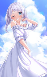 Rule 34 | 1girl, bang dream!, blue eyes, blue sky, blush, braid, cloud, cloudy sky, commentary request, day, dress, grin, hand up, highres, long hair, looking at viewer, lunacle, off-shoulder dress, off shoulder, one eye closed, outdoors, puffy short sleeves, puffy sleeves, short sleeves, silver hair, sky, smile, solo, twin braids, twintails, wakamiya eve, white dress