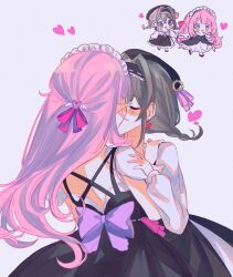 Rule 34 | 2girls, adoblvone, alternate costume, beret, black dress, black hat, blue eyes, brown hair, chibi, closed eyes, commentary, dress, earrings, elf, elysia (honkai impact), elysia (miss pink elf) (honkai impact), english commentary, from behind, grey background, grey eyes, hands on another&#039;s shoulders, hat, heart, heart earrings, highres, holding hands, honkai (series), honkai impact 3rd, jewelry, kiss, long hair, multiple girls, pink hair, pointy ears, short hair, vill-v, white dress, white headdress, yuri