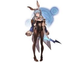 Rule 34 | 10s, 1girl, animal ears, blue eyes, blue hair, breasts, choker, cleavage, coat, fake animal ears, full body, fur trim, gloves, granblue fantasy, hand on own chest, high heels, holding, holding weapon, leotard, looking at viewer, matching hair/eyes, medium breasts, minaba hideo, official art, pantyhose, playboy bunny, rabbit ears, ribbon, solo, standing, sword, therese (granblue fantasy), transparent background, weapon, white gloves