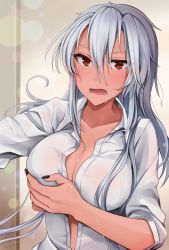 Rule 34 | 1girl, absurdres, black nails, blush, breasts, cleavage, collarbone, commentary, dark-skinned female, dark skin, embarrassed, hair between eyes, hair down, hand on own chest, highres, indoors, kantai collection, large breasts, long hair, long sleeves, looking at viewer, messy hair, musashi (kancolle), musashi kai ni (kancolle), nail polish, open clothes, open mouth, open shirt, red eyes, shirt, solo, upper body, very long hair, wet, wet clothes, white shirt, yunamaro