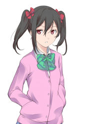 Rule 34 | 10s, 1girl, black hair, bow, bowtie, cardigan, green bow, green bowtie, hair between eyes, hair bow, hands in pockets, long sleeves, looking at viewer, love live!, love live! school idol project, nishiuri warito, parted lips, red bow, red eyes, school uniform, simple background, solo, striped bow, striped bowtie, striped clothes, striped neckwear, twintails, upper body, white background, yazawa nico