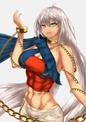 Rule 34 | 1girl, abs, absurdres, bare shoulders, blue eyes, breasts, camisole, chain, cleavage, collarbone, cuffs, dark-skinned female, dark skin, fate/grand order, fate (series), grey hair, highres, jewelry, kiteno kiten, large breasts, long hair, looking at viewer, muscular, muscular female, navel, neck ring, pants, red camisole, sash, shackles, smile, solo, toned, white background, white pants, zenobia (dream portrait) (fate), zenobia (fate)