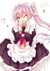 Rule 34 | 1girl, apron, blue hair, blush, breasts, dress, frills, gradient hair, hair flaps, hair ornament, hair ribbon, harusame (kancolle), heart, heart hair, highres, hizaka, kantai collection, long dress, long hair, long sleeves, looking at viewer, maid, maid headdress, multicolored hair, one-hour drawing challenge, one eye closed, open mouth, pink eyes, pink hair, ribbon, side ponytail, simple background, smile, solo, twitter username, victorian maid, white background