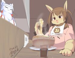 Rule 34 | 2girls, animal ears, bear girl, bib, bowl, breasts, brown eyes, brown hair, chopsticks, closed eyes, closed mouth, colored skin, commentary request, cup, food, furry, furry female, headband, holding, holding chopsticks, huge breasts, lets0020, lion ears, lion girl, long hair, medium bangs, multiple girls, noodles, open mouth, original, pink shirt, ramen, shirt, short sleeves, smile, translation request, upper body, white headband, white skin