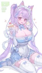 Rule 34 | 1girl, animal ears, apron, blue bow, blue bowtie, bow, bowtie, breasts, cake, cat ears, cat girl, cat tail, cleavage, commentary, dress, food, gloves, hair bow, halterneck, highres, large breasts, long hair, looking at viewer, maid apron, maid headdress, off-shoulder dress, off shoulder, original, pink eyes, purple hair, simple background, symbol-only commentary, tail, thighhighs, thighs, twintails, voruvoru, white apron, white background, white gloves, white thighhighs