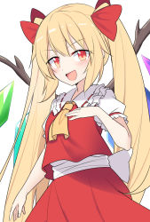 Rule 34 | 1girl, alternate hair length, alternate hairstyle, ascot, back bow, blonde hair, blush, bow, breasts, collared shirt, crystal, e.o., flandre scarlet, grey bow, hair between eyes, hair bow, hand on own chest, hand up, highres, jewelry, looking at viewer, multicolored wings, no headwear, open mouth, puffy short sleeves, puffy sleeves, red bow, red eyes, red skirt, red vest, shirt, short sleeves, sidelocks, simple background, skirt, skirt set, small breasts, smile, solo, standing, touhou, twintails, v-shaped eyebrows, vest, white background, white shirt, wings, yellow ascot