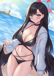 Rule 34 | 1girl, beach, bikini, black bikini, black choker, black hair, black wings, blue archive, blue eyes, blush, breasts, choker, cleavage, collarbone, day, feathered wings, fingernails, grin, hair ornament, hairclip, halo, highres, ichika (blue archive), jacket, large breasts, long hair, long sleeves, looking at viewer, low wings, ocean, open clothes, open jacket, outdoors, pcreambang, red halo, smile, solo, swimsuit, white jacket, wings