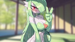 Rule 34 | 1girl, absurdres, blurry, blurry background, breasts, creatures (company), drunkoak, game freak, gardevoir, gen 3 pokemon, green hair, hair over one eye, hand up, highres, large breasts, long hair, looking at viewer, nintendo, outdoors, pale skin, pokemon, pokemon (creature), red eyes, solo, v