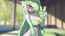 1girl absurdres blurry blurry_background breasts creatures_(company) drunkoak game_freak gardevoir gen_3_pokemon green_hair hair_over_one_eye hand_up highres large_breasts long_hair looking_at_viewer nintendo outdoors pale_skin pokemon pokemon_(creature) red_eyes solo v