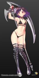 Rule 34 | 1girl, arm up, armpits, bare arms, black background, black bra, black panties, blush, boots, bra, breasts, chain, choker, company name, copyright name, eyebrows, full body, gradient background, holding, holding weapon, looking at viewer, navel, panties, popqn, purple hair, qurare magic library, red eyes, scythe, small breasts, solo, standing, stomach, thigh boots, thighhighs, two-handed, underwear, weapon