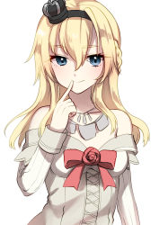 Rule 34 | 10s, 1girl, akagi kurage, blonde hair, blue eyes, braid, crown, dress, finger to mouth, flower, french braid, hairband, highres, jewelry, kantai collection, long hair, long sleeves, looking at viewer, mini crown, necklace, off-shoulder dress, off shoulder, red flower, red ribbon, red rose, ribbon, rose, solo, warspite (kancolle), white dress