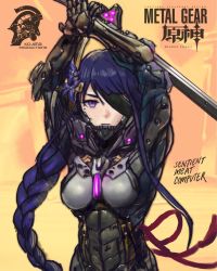 Rule 34 | abs, armor, arms up, artist request, braid, breasts, copyright name, crossover, cyborg, eyepatch, genshin impact, highres, katana, long hair, looking at viewer, metal gear (series), metal gear rising: revengeance, name connection, one eye covered, purple eyes, purple hair, raiden (metal gear), raiden shogun, sword, weapon