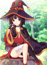 Rule 34 | 1girl, asymmetrical legwear, bad id, bad pixiv id, bandages, black cape, black gloves, black hair, black hat, black thighhighs, cape, collar, collarbone, day, dress, eyepatch, finger to mouth, fingerless gloves, forest, gloves, hat, kono subarashii sekai ni shukufuku wo!, long hair, looking at viewer, megumin, nature, outdoors, parted lips, red dress, red eyes, short dress, sitting, solo, strapless, strapless dress, thighhighs, tree, tube dress, uneven legwear, unworn eyepatch, watari masahito, witch hat