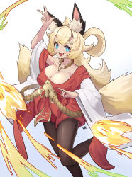 Rule 34 | + +, 1girl, absurdres, animal ear fluff, animal ears, aoaoaoao (baiyanheibing), blonde hair, blue eyes, breasts, brown pantyhose, cleavage, dress, fang, fox ears, fox girl, fox shadow puppet, fox tail, hair rings, highres, inaho (world flipper), large breasts, long hair, multiple tails, off-shoulder dress, off shoulder, open mouth, pantyhose, rope, smile, solo, tail, v, wide sleeves, world flipper