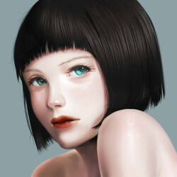 Rule 34 | 1girl, black hair, blue eyes, chromatic aberration, commentary request, grey background, kuro kosyou, looking at viewer, nude, original, portrait, red lips, short hair, simple background, solo
