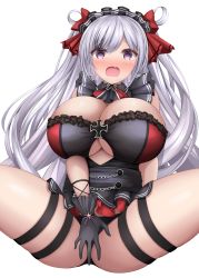 Rule 34 | 1girl, absurdres, azur lane, black dress, black gloves, blush, breasts, cleavage, clothing cutout, covering privates, covering crotch, cross, dress, elbe (azur lane), elbe (time to show off?) (azur lane), gintokyhenry, gloves, highres, huge breasts, iron cross, layered dress, light purple hair, long hair, official alternate costume, open mouth, purple eyes, simple background, solo, spread legs, thigh strap, underboob cutout, white background