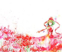 Rule 34 | 1girl, female focus, flower, green hair, highres, kagiyama hina, long hair, painting (medium), plant, shiratsuyu (nagatukihakuro), solo, spider lily, touhou, traditional media, watercolor (medium), white background