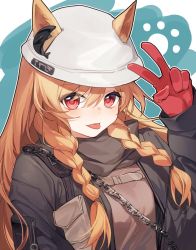 Rule 34 | 1girl, animal ears, arknights, arm at side, black jacket, blonde hair, braid, ceobe (arknights), ceobe (unfettered) (arknights), chain, commentary request, dog ears, dog girl, ear ornament, ears through headwear, eyes visible through hair, gloves, hair between eyes, hair tie, hand up, highres, jacket, light blush, light smile, long hair, long sleeves, looking at viewer, official alternate costume, oversized clothes, paw print, pouch, red eyes, red gloves, scarf, shirt, solo, tongue, tongue out, translucent hair, twin braids, upper body, v, white background, yunweishukuang